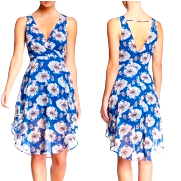 Astr Blue‎ Floral Chiffon Midi  Dress - Picture 1 of 5